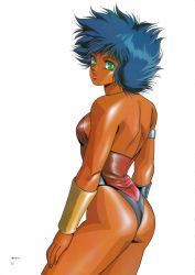 Rule 34 | 1980s (style), 1girl, :d, armband, ass, back, backless leotard, blue hair, bracer, breasts, dangaiou, dark-skinned female, dark skin, from behind, green eyes, highres, hirano toshihiro, leotard, lipstick, looking back, makeup, medium breasts, oldschool, open mouth, pai thunder, red leotard, retro artstyle, scan, shiny clothes, short hair, sideboob, simple background, smile, solo, spiked hair