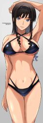 Rule 34 | 1girl, absurdres, amagami, arm up, armpits, bikini, black bikini, black hair, black hairband, blue eyes, breasts, breasts apart, commentary request, curly hair, dated, drill hair, grey background, hairband, halterneck, highres, large breasts, long hair, looking at viewer, mitojyaneeeeyo, morishima haruka, multi-strapped bikini bottom, parted lips, simple background, solo, standing, swimsuit, thigh gap, twitter username