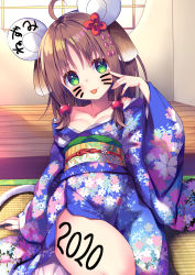 Rule 34 | 1girl, 2020, :p, absurdres, ahoge, animal ears, asa no ha (awayuki), bare shoulders, blush, breasts, brown hair, collarbone, dog ears, facial mark, fake animal ears, green eyes, hair ornament, highres, japanese clothes, kimono, medium hair, mouse ears, mouse tail, obi, off shoulder, original, sash, sitting, small breasts, solo, tail, tongue, tongue out, whisker markings