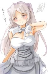 Rule 34 | 1girl, blush, breasts, brown eyes, calin, cleavage, conte di cavour (kancolle), conte di cavour nuovo (kancolle), dated, dress, gloves, highres, kantai collection, large breasts, layered dress, long hair, open mouth, short sleeves, signature, silver hair, simple background, smile, solo, translation request, two-tone dress, white background, white dress, white gloves