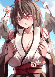 Rule 34 | 1girl, ?, absurdres, bird wings, black hair, black wings, breasts, cleavage, hat, highres, japanese clothes, large breasts, mahoro (minase mahoro), pom pom (clothes), red eyes, shameimaru aya, solo, tokin hat, touhou, wings