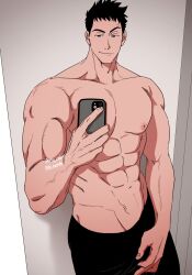 Rule 34 | 1boy, abs, balnom, bara, cowboy shot, groin, highres, holding, holding phone, large pectorals, male focus, mature male, muscular, muscular male, nipples, original, pectorals, phone, raised eyebrow, seductive smile, selfie, short hair, sideburns, smile, solo, stomach, thick eyebrows, topless male, upper body, veiny crotch