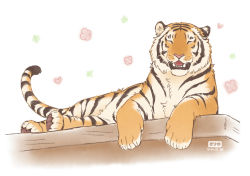 Rule 34 | 2020, animal focus, artist name, chinese zodiac, closed eyes, fangs, flower, full body, lying, no humans, on side, open mouth, original, pink flower, solo, teru suzu, tiger, whiskers, white background, year of the tiger