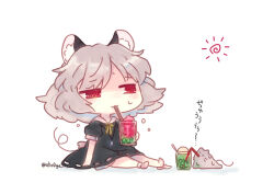 Rule 34 | 1girl, animal, animal ears, biyon, black dress, closed mouth, commentary, dress, drink, drinking, drinking straw, drinking straw in mouth, grey hair, jewelry, mouse (animal), mouse ears, mouse tail, nazrin, pendant, red eyes, short hair, short sleeves, simple background, solo, symbol-only commentary, tail, touhou, twitter username, white background