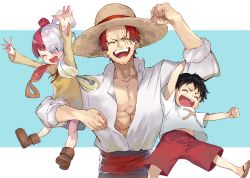 Rule 34 | 1girl, 2boys, abs, absurdres, age difference, aged down, black cape, black hair, border, cape, carrying, child, clenched hand, dress, facial hair, father and daughter, full body, grin, happy, hat, headphones, highres, hug, jumping, laughing, long hair, looking at another, monkey d. luffy, multicolored hair, multiple boys, one piece, one piece film: red, red hair, scar, scar across eye, shanks (one piece), short hair, simple background, smile, standing, straw hat, tsukudani (ore624), two-tone hair, uta (one piece), very long hair, white border, yellow dress
