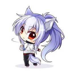 Rule 34 | 1girl, animal ears, barefoot, black pants, blush, chibi, closed mouth, commentary request, hair between eyes, jacket, long hair, looking at viewer, looking back, original, pants, ponytail, red eyes, shachoo., silver hair, solo, standing, tail, track jacket, track pants, track suit, very long hair, white background, white jacket, wolf ears, wolf girl, wolf tail