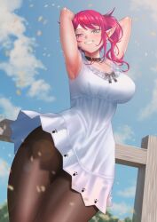 Rule 34 | 1girl, :d, armpits, arms behind head, arms up, bare shoulders, black choker, black pantyhose, blue eyes, blush, breasts, casual, choker, cipher4109, cloud, cloudy sky, cross-shaped pupils, dress, earrings, fence, frilled dress, frills, from below, grin, happy, heterochromia, highres, hololive, irys (casualrys) (hololive), irys (hololive), jewelry, lace, lace choker, large breasts, leaf, lens flare, long hair, looking at viewer, medium breasts, open mouth, outdoors, pantyhose, pointy ears, purple eyes, purple hair, ribbon, side ponytail, sky, smile, solo, swaying, symbol-shaped pupils, teeth, thick thighs, thighs, virtual youtuber, white dress, wooden fence