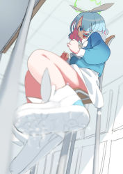 Rule 34 | 1girl, absurdres, arona (blue archive), blue archive, blue eyes, blue hair, blue shirt, blue sleeves, bow, chair, classroom, clenched hands, desk, from below, hair bow, halo, highres, indoors, knees up, legs, long sleeves, looking at viewer, looking down, open mouth, pleated skirt, ribbon, school uniform, serafuku, shirt, shoe soles, shoes, short hair, sitting, skirt, solo, surprised, tamura-chan, thighs, white footwear, white skirt