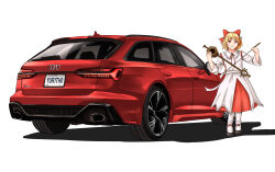 Rule 34 | 1girl, absurdres, audi, audi a6, audi rs6, black footwear, blonde hair, bow, car, commission, dress, erhu, hair bow, highres, holding, holding instrument, instrument, license plate, looking at viewer, motor vehicle, pantyhose, raffijoe5, red bow, red eyes, red skirt, satsuki rin, shadow, shoes, short hair, skirt, smile, solo, touhou, vehicle focus, white background, white dress, white pantyhose