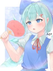 Rule 34 | 1girl, absurdres, aqua hair, blue bow, blue dress, blue eyes, bow, breasts, cirno, commentary request, dress, eyebrows hidden by hair, hair bow, hair ornament, hand fan, highres, holding, holding fan, hot, ice, ice wings, medium hair, paper fan, signature, small breasts, solo, suwa (au swap), sweat, touhou, uchiwa, wings, x hair ornament