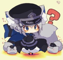 Rule 34 | &gt; &lt;, 1girl, :3, ?, animal, animal ear fluff, animal ears, black hat, black jacket, black pantyhose, blue eyes, blush, blush stickers, cat, cat ears, cat girl, cat tail, chain, chibi, closed eyes, closed mouth, full body, hair between eyes, hands up, hat, heart, jacket, long sleeves, military hat, military jacket, mole, mole under eye, muuran, original, pants, pantyhose, peaked cap, puffy pants, short hair, sidelocks, signature, silver hair, sleeves past fingers, sleeves past wrists, solo, standing, star (symbol), tail, translation request, white pants, wide sleeves, yellow background