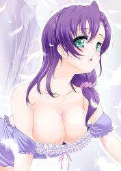 Rule 34 | 10s, 1girl, alternate hairstyle, bare shoulders, blush, braid, breasts, cleavage, downblouse, feathers, frapowa, frills, green eyes, hair ornament, hair over shoulder, hair scrunchie, hanging breasts, large breasts, long hair, looking at viewer, love live!, love live! school idol project, no bra, off shoulder, parted lips, puffy short sleeves, puffy sleeves, purple hair, ribbon, scrunchie, short sleeves, solo, tojo nozomi