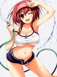 Rule 34 | 1girl, absurdres, belt, breasts, brown eyes, hairband, highres, hose, large breasts, long hair, navel, no panties, one eye closed, open fly, open mouth, red hair, see-through, shirt, short hair, short hair with long locks, shorts, solo, taut clothes, taut shirt, tomose shunsaku, unbuckled, open belt, unbuttoned, underboob, unzipped, visor, visor cap, water, wet, wink