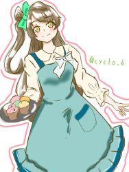 Rule 34 | 1girl, absurdres, apron, aqua apron, aqua bow, artist name, artist request, back bow, blush, bow, breasts, brown eyes, brown hair, collarbone, cupcake, female focus, food, green bow, grey hair, hair bow, hair rings, highres, holding, holding plate, light brown hair, light brown shirt, long hair, long sleeves, looking at viewer, love live!, love live! school idol festival, love live! school idol festival all stars, love live! school idol project, minami kotori, miniskirt, outstretched arms, parted lips, plaid, plaid skirt, plate, pleated, pleated skirt, ponytail, puffy short sleeves, puffy sleeves, short sleeves, side ponytail, skirt, small breasts, smile, solo, spread arms, striped, striped bow, welcome to the party (love live!), white background, white bow