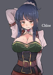 Rule 34 | 1girl, arm behind head, arm up, belt, blue hair, breasts, brooch, chloe ironside, ciconia no naku koro ni, cleavage, english text, frown, grey background, highres, jewelry, large breasts, long28, long hair, looking at viewer, ponytail, simple background, sweat, yellow eyes