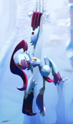 Rule 34 | claws, climbing, commentary, creatures (company), fang, full body, game freak, glacier, highres, likey, looking down, nintendo, no humans, open mouth, pokemon, pokemon (creature), red eyes, signature, sneasler, snow, solo
