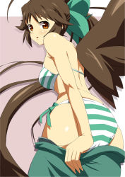 Rule 34 | 1girl, ass, back, bird wings, blush, bow, bra, brown eyes, brown hair, clothes pull, female focus, hair bow, long hair, looking at viewer, no shirt, open mouth, panties, ponytail, reiuji utsuho, shin&#039;ya (nanp), skirt, skirt pull, solo, striped bra, striped clothes, striped panties, touhou, underwear, undressing, very long hair, wings