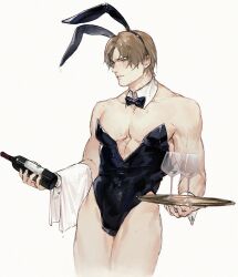 Rule 34 | 1boy, animal ears, black leotard, blush, bottle, brown hair, detached collar, fake animal ears, highres, holding, holding bottle, holding tray, large pectorals, leon s. kennedy, leotard, male focus, male playboy bunny, muscular, muscular male, pectorals, rabbit ears, resident evil, resident evil 4, resident evil 4 (remake), rokuhashi 8, short hair, simple background, solo, strapless, strapless leotard, thighs, tray, white background