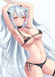 Rule 34 | 1girl, ahoge, armpits, arms up, azur lane, bikini, black bikini, black choker, breasts, choker, cleavage, collarbone, commentary request, covered erect nipples, hair ribbon, highres, large breasts, long hair, looking at viewer, microphone, multicolored hair, navel, orange eyes, prinz eugen (azur lane), prinz eugen (unfading smile) (azur lane), red hair, ribbon, side-tie bikini bottom, silver hair, simple background, solo, streaked hair, swimsuit, thigh strap, thighs, underboob, very long hair, wet, white background, yuto (yuto illust 7)