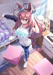 Rule 34 | 1girl, animal ears, bed, blue eyes, breasts, brown hair, closed mouth, controller, dressing, hamanashi (trapiorra), highres, horse girl, indoors, large breasts, long hair, medium breasts, mihono bourbon (umamusume), remote control, smile, solo, standing, tail, umamusume