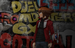 Rule 34 | 1boy, 203wolves, bad id, bad pixiv id, black shirt, brown eyes, brown hair, closed mouth, copyright name, cowboy shot, duel disk, grey pants, hair between eyes, jacket, long sleeves, male focus, multicolored hair, open clothes, open jacket, pants, profile, red jacket, shirt, solo, spiked hair, standing, two-tone hair, yu-gi-oh!, yu-gi-oh! gx, yuki judai