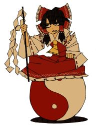 Rule 34 | 1girl, angry, bad id, bad pixiv id, bags under eyes, bow, detached sleeves, female focus, frown, glaring, gohei, grouchy, hair bow, hakurei reimu, indian style, japanese clothes, miko, ribbon, sitting, solo, touhou, yaza, yin yang
