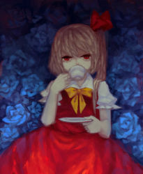 Rule 34 | 1girl, blue flower, blue rose, bow, bowtie, cup, drinking, female focus, flandre scarlet, floral background, flower, gazing, hair ribbon, ishi (pixiv884372), looking at viewer, no headwear, no headwear, plate, puffy short sleeves, puffy sleeves, red eyes, ribbon, rose, short hair, short sleeves, side ponytail, skirt, skirt set, solo, staring, teacup, touhou