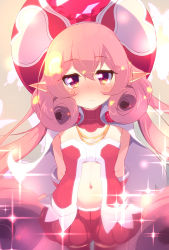 Rule 34 | 1girl, arms behind back, blush, cape, closed mouth, commentary request, cowboy shot, curly hair, diffraction spikes, frown, gloves, hat, heart, highres, jewelry, long hair, looking at viewer, navel, necklace, neneka (princess connect!), pink eyes, pink hair, pointy ears, princess connect!, puffy shorts, red gloves, red hat, red shirt, red shorts, shirt, short shorts, shorts, solo, sparkle, standing, strapless, strapless shirt, sw (taco), twintails, very long hair, white cape