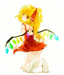 Rule 34 | 1girl, adapted costume, backless dress, backless outfit, clothes lift, dress, female focus, flandre scarlet, full body, no panties, nokishita, simple background, socks, solo, touhou, white background, white socks
