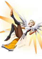 Rule 34 | 1girl, absurdres, armor, black footwear, blonde hair, bodysuit, boots, breasts, brown pantyhose, emblem, faulds, glowing, glowing wings, gradient background, greaves, hair tie, halo, high ponytail, highres, jai (whany1998), large breasts, leaning back, leg up, looking at viewer, mechanical halo, mechanical wings, mercy (overwatch), nose, open mouth, overwatch, overwatch 1, pantyhose, pelvic curtain, pink lips, smile, soles, solo, spread wings, swiss flag, white background, wings, yellow wings