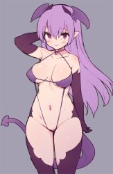 Rule 34 | 1girl, arm up, bright pupils, cowboy shot, demon girl, elbow gloves, fang, fang out, gloves, grey background, halterneck, horns, long hair, navel, one-piece swimsuit, original, pointy ears, purple gloves, purple hair, purple one-piece swimsuit, purple slingshot swimsuit, purple thighhighs, slingshot swimsuit, smile, solo, stroma, swimsuit, tail, thighhighs, very long hair, white pupils