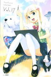 Rule 34 | 1girl, :d, absurdres, arm up, asakura hirokiku, blonde hair, blue eyes, character request, convenient leg, dog, eyebrows, hair ornament, highres, long hair, mary janes, megami magazine, megami magazine deluxe, official art, open mouth, original, pencil, rabbit, shoes, sidelocks, sitting, sketchbook, skirt, smile, solo, thighhighs, white thighhighs, wooden pencil