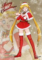 Rule 34 | 1girl, absurdres, alternate costume, arm warmers, bishoujo senshi sailor moon, blonde hair, blue eyes, boots, breasts, capelet, choker, christmas, cleavage, dj jdite, double bun, dress, earrings, hair bun, happy, high heel boots, high heels, highres, jewelry, long hair, one eye closed, parted bangs, red dress, red nails, sailor moon, simple background, smile, solo, thigh boots, tsuki ni kawatte oshioki yo, tsukino usagi, twintails, very long hair, white background, wink