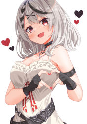 Rule 34 | 1girl, :d, arm strap, bare shoulders, black choker, black gloves, blush, braid, breasts, choker, divergenceok, fang, fingerless gloves, gloves, hair ornament, heart, heart choker, heart hands, highres, hololive, large breasts, looking at viewer, medium hair, multicolored hair, nail polish, open mouth, red eyes, red nails, sakamata chloe, shirt, silver hair, simple background, sleeveless, sleeveless shirt, smile, solo, streaked hair, virtual youtuber, white background, white shirt, x hair ornament