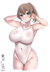 Rule 34 | 1girl, alternate costume, blue eyes, blush, breasts, brown hair, collarbone, competition swimsuit, covered navel, cowboy shot, hair between eyes, highres, intrepid (kancolle), kantai collection, large breasts, looking at viewer, one-hour drawing challenge, one-piece swimsuit, open mouth, ponytail, short hair, solo, swimsuit, tf cafe, twitter username, white background, white one-piece swimsuit