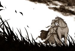 Rule 34 | 1boy, cape, from below, horse, kaito (vocaloid), male focus, medieval, monochrome, nature, outdoors, scarf, short hair, sky, soldier, solo, standing, taichi17, vocaloid, watari taichi, wind