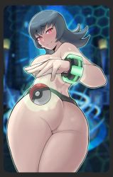 Rule 34 | 1girl, absurdres, artsheops, ass, belt, black border, blue hair, border, breasts, cleft of venus, closed mouth, cowboy shot, creatures (company), from behind, game freak, heart, heart-shaped pupils, highres, long hair, looking at viewer, looking back, medium breasts, nintendo, nude, official alternate costume, pink eyes, poke ball, poke ball (basic), pokemon, pokemon hgss, pussy, sabrina (pokemon), smile, solo, standing, symbol-shaped pupils, uncensored