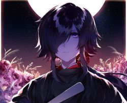 Rule 34 | 1boy, black hair, closed mouth, commentary request, flower, full moon, hair over one eye, highres, kuga huna, looking at viewer, male focus, moon, night, original, outdoors, pink flower, purple eyes, short hair, sidelocks, sky, solo, star (sky), starry sky, upper body