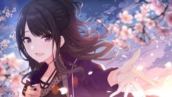 Rule 34 | 1girl, :d, backlighting, black hair, black shirt, blue jacket, blurry, blurry foreground, blush, branch, cherry blossoms, cloud, collarbone, earrings, game cg, half updo, hand on own chest, idolmaster, idolmaster shiny colors, jacket, jewelry, kazano hiori, lens flare, long hair, long sleeves, looking at viewer, mole, mole under mouth, necklace, official art, open mouth, outdoors, outstretched arm, outstretched hand, petals, purple eyes, reaching, reaching towards viewer, shirt, sidelocks, smile, solo