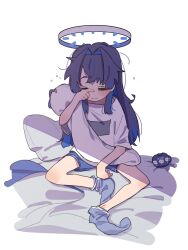 Rule 34 | 1girl, aged down, bed sheet, blue hair, brmameng, closed eyes, guy tired after sex (meme), halo, highres, hololive, hololive english, loose socks, meme, ouro kronii, pillow, rubbing eyes, shirt, shorts, socks, solo, virtual youtuber, waking up, white background, white shirt