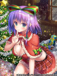 Rule 34 | 1girl, aqua eyes, asgard no seiten, blush, bow, box, breasts, capelet, christmas, christmas tree, cleavage, copyright name, finger to mouth, gift, gift box, green bow, green eyes, hair bow, kneeling, looking at viewer, official art, open mouth, plaid, plaid skirt, pochadon, purple hair, short hair, skirt, solo, sparkle