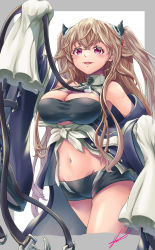 Rule 34 | 1girl, anchor symbol, anchorage (azur lane), azur lane, black shorts, blue coat, breasts, cleavage, coat, headgear, highres, large breasts, light brown hair, long hair, micro shorts, navel, open clothes, open coat, purple eyes, shorts, signature, simple background, solo, thighs, very long hair, very long sleeves, yam (yam6056)