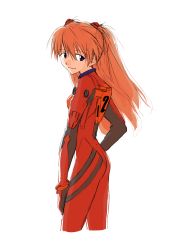 Rule 34 | 1girl, absurdres, artist request, ass, blue eyes, bodysuit, breasts, eyebrows visible through, hair between eyes, hand on own hip, highres, long hair, looking at viewer, looking back, neon genesis evangelion, orange hair, plugsuit, red bodysuit, shiny clothes, skin tight, smile, solo, souryuu asuka langley, two side up, very long hair