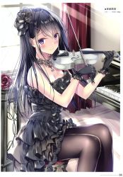Rule 34 | 1girl, absurdres, bare shoulders, black dress, black gloves, black hair, black neckwear, blush, bow (music), dress, flower, frilled dress, frills, gloves, hair between eyes, hair ornament, hairclip, highres, holding, holding instrument, holding violin, indoors, instrument, kobayashi chisato, light particles, light rays, long hair, looking at viewer, music, original, pantyhose, piano, playing instrument, purple eyes, red curtains, rose, scan, sidelocks, sitting, sleeveless, sleeveless dress, smile, solo, stool, strapless, strapless dress, violin, window