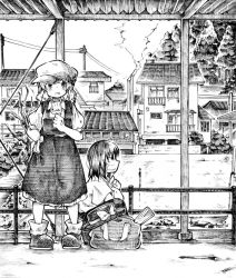 Rule 34 | 2girls, alternate costume, alternate headwear, bag, bare tree, blush, boots, bow, bush, collared shirt, commentary, eating, fedora, flat cap, food, full body, graphite (medium), greyscale, hand on own hip, hat, hat bow, unworn hat, unworn headwear, house, ice cream, looking at viewer, looking to the side, making-of available, maribel hearn, melting, monochrome, multiple girls, open mouth, outdoors, porch, power lines, puffy short sleeves, puffy sleeves, railing, rolled up paper, scenery, shirt, short hair, short sleeves, skirt, smoke, squatting, sweat, touhou, town, traditional media, tree, usami renko, utility pole, vest, wide sleeves, yoshida. (kbkbhihi)