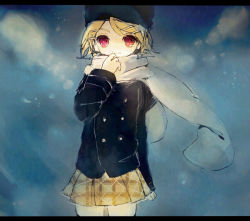 Rule 34 | 1girl, bad id, bad pixiv id, blonde hair, fur hat, hair ornament, hairclip, hat, honey0x0x0, kagamine rin, letterboxed, plaid, plaid skirt, red eyes, scarf, skirt, solo, usamito, ushanka, vocaloid