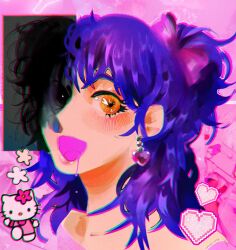 Rule 34 | 1girl, artist name, borrowed character, bow, chromatic aberration, earrings, hair bow, heart, heart earrings, hello kitty, hello kitty (character), highres, jewelry, long hair, looking at viewer, open mouth, original, pink background, portrait, purple bow, purple hair, saliva, sanrio, smile, solo, wasabiiiladyy, yellow eyes