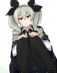 Rule 34 | 10s, 1girl, anchovy (girls und panzer), black pantyhose, blush, brown eyes, cape, drill hair, frown, girls und panzer, green hair, hair ribbon, highres, long hair, looking at viewer, necktie, panties, panties under pantyhose, pantyhose, poshi (ginmokusei), ribbon, school uniform, shirt, skirt, solo, squatting, twin drills, twintails, underwear, white panties
