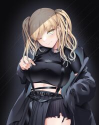 Rule 34 | 1girl, black background, black jacket, black shirt, black skirt, blonde hair, breasts, crop top, enryuu (rmxs3488), hand in pocket, harness, highres, jacket, large breasts, long hair, nijisanji, off shoulder, one eye closed, shirt, sister claire, sister claire (9th costume), skirt, solo, torn clothes, torn skirt, twintails, virtual youtuber, yellow eyes