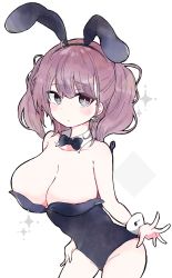 Rule 34 | 1girl, animal ears, atlanta (kancolle), bare shoulders, black eyes, black leotard, blush, breasts, brown hair, cleavage, detached collar, earrings, fake animal ears, hairband, highres, jewelry, kantai collection, large breasts, leotard, long hair, mika (hh7), playboy bunny, rabbit ears, simple background, single earring, solo, sparkle, star (symbol), star earrings, twintails, two side up, white background, wrist cuffs